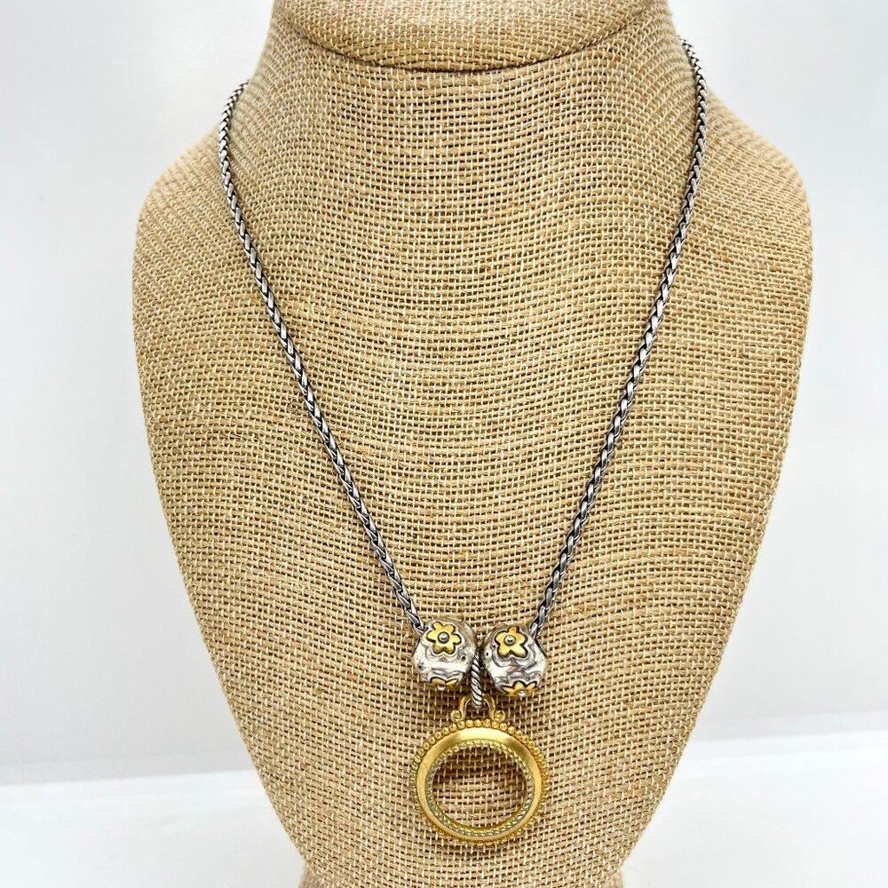 BRIGHTON NECKLACE Silver Gold Tone Beads Circle Pendant Flower Bead w/ Extender